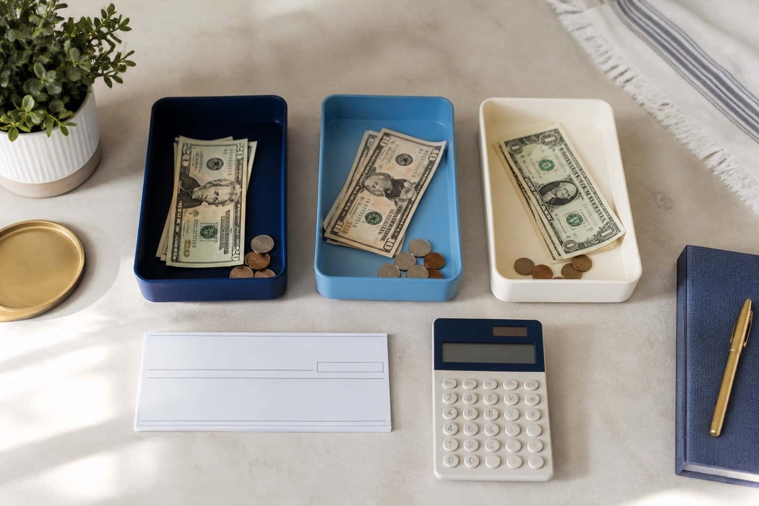 Three budgeting trays with different cash proportions, blank paycheck and calculator