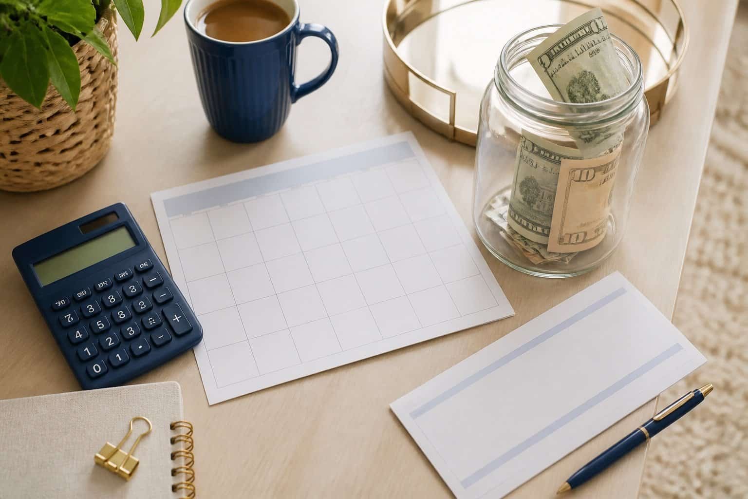 Monthly savings planning with calendar, calculator, paycheck and savings jar