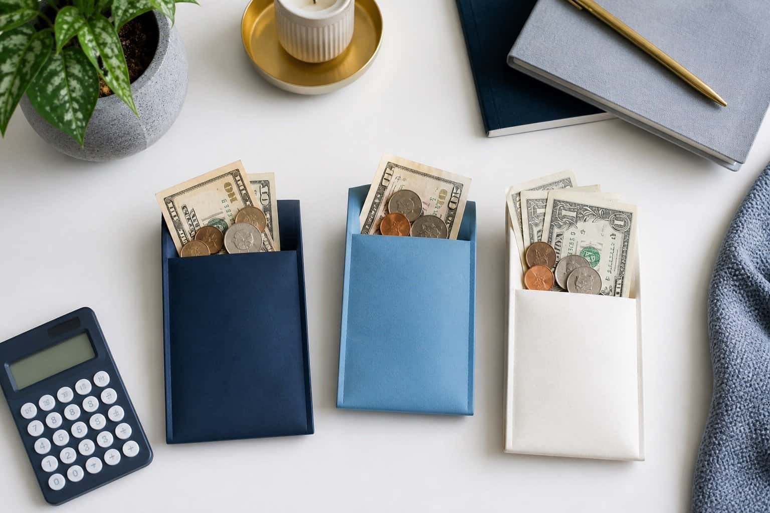 Three blank budgeting envelopes with cash, coins and calculator