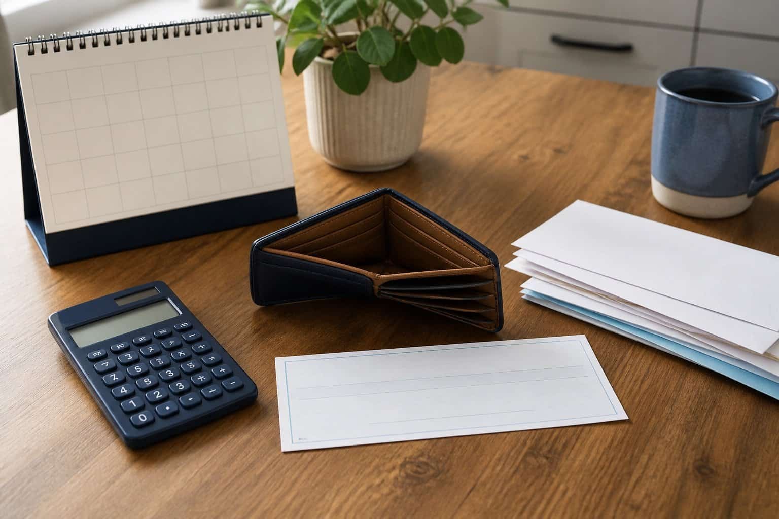 Paycheck-to-paycheck budgeting with an empty wallet, calendar and calculator