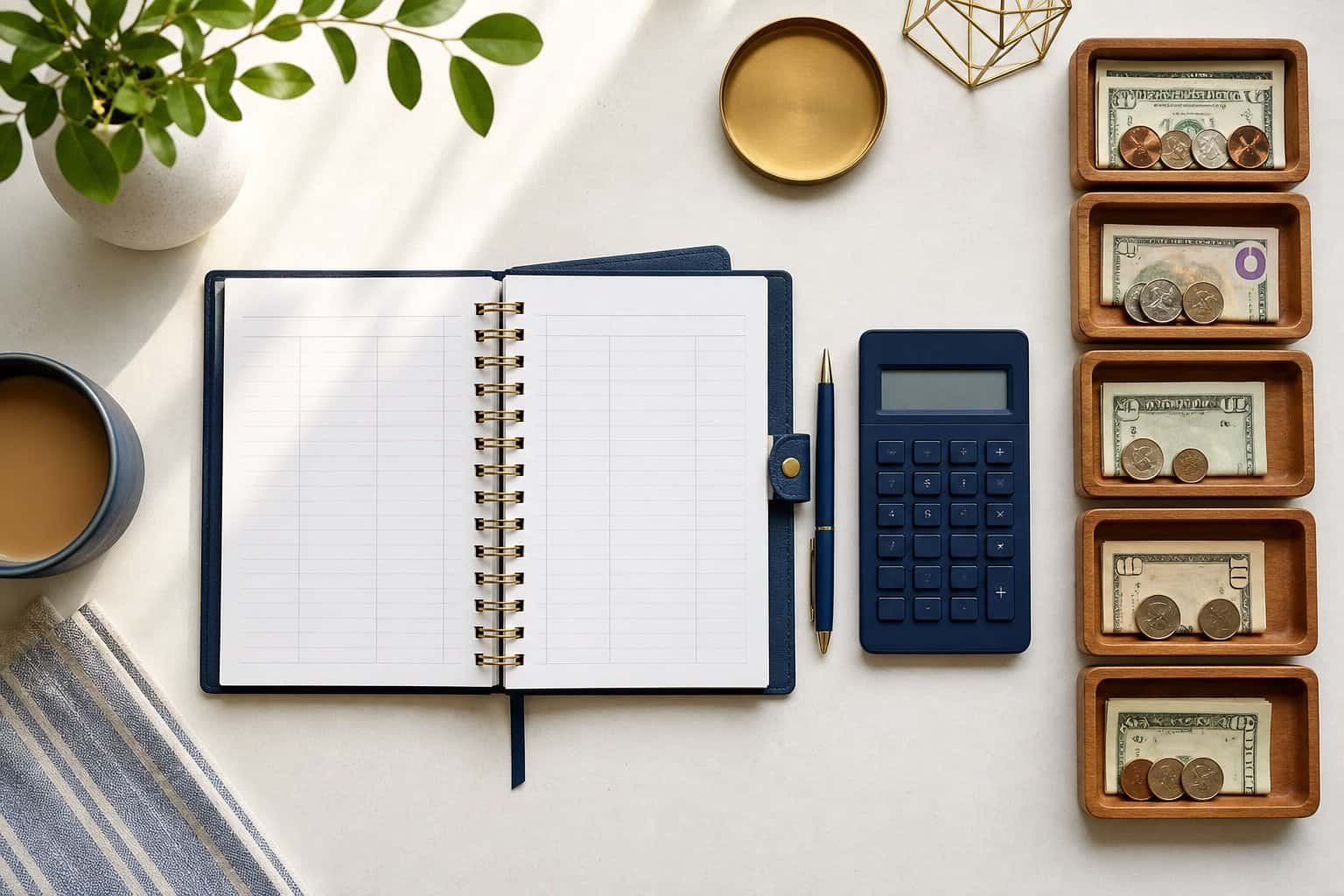Zero-based budget planner with calculator and organized cash allocation trays
