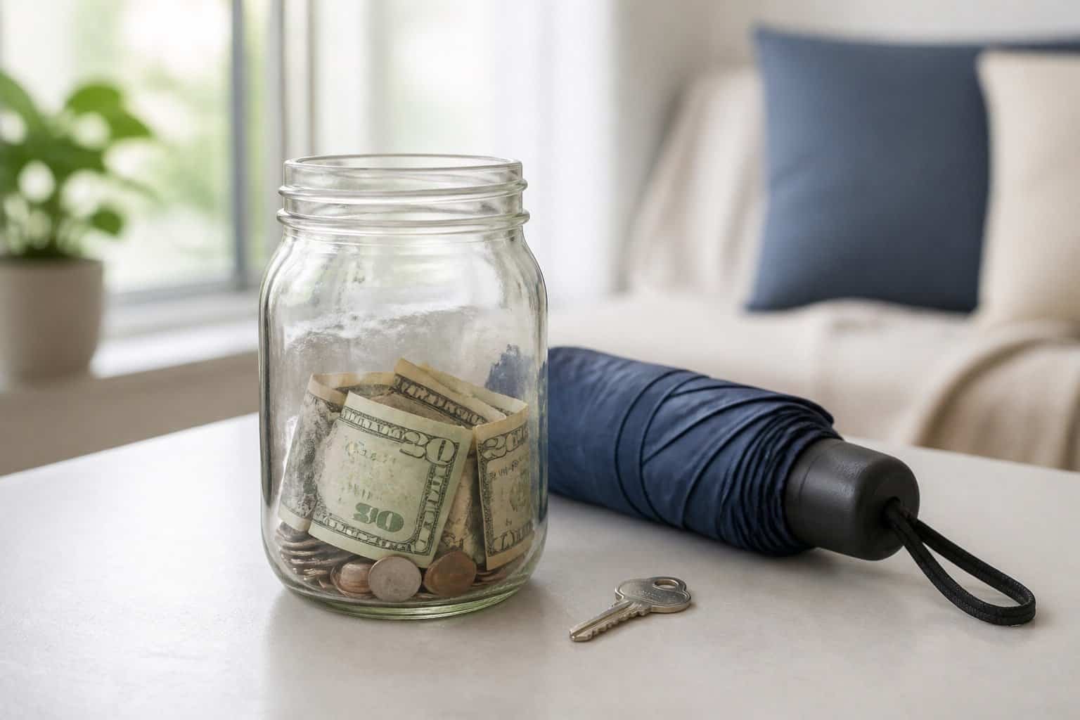 Emergency fund savings jar with cash, umbrella and house key