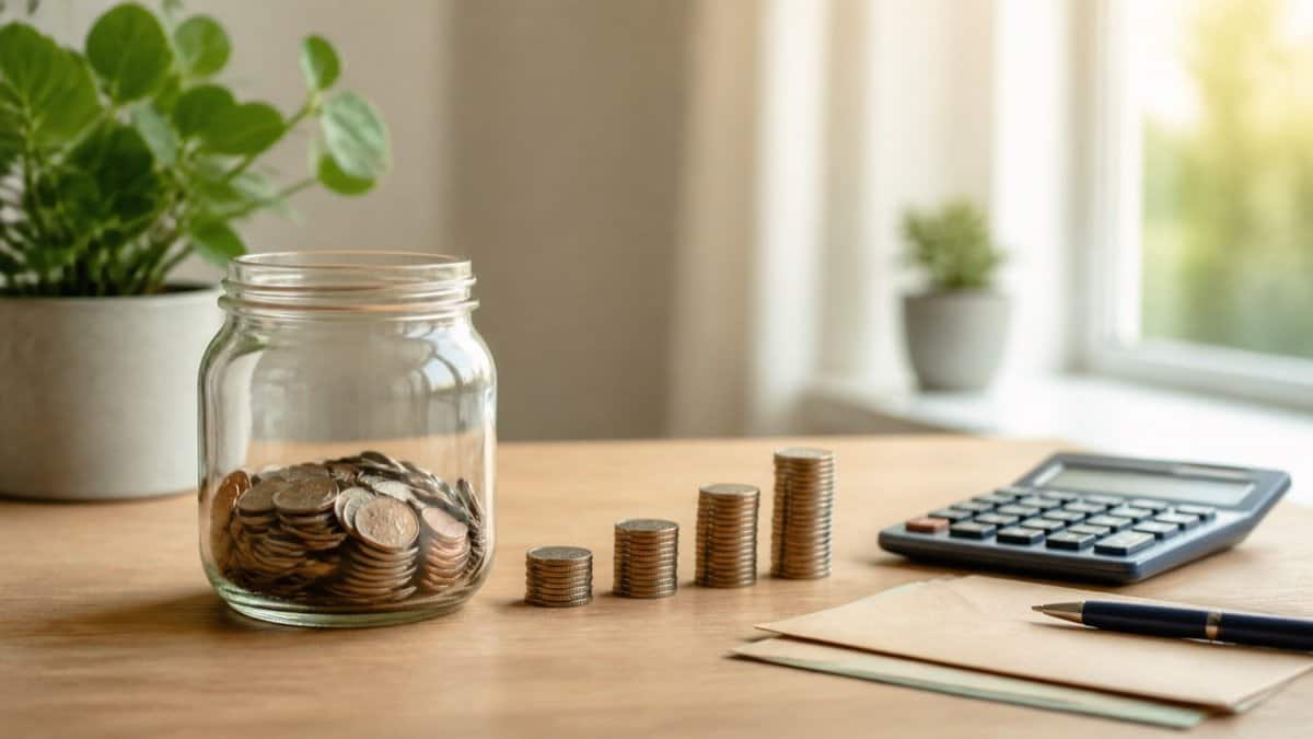 Savings jar, calculator and coin stacks representing progress toward a $10,000 goal