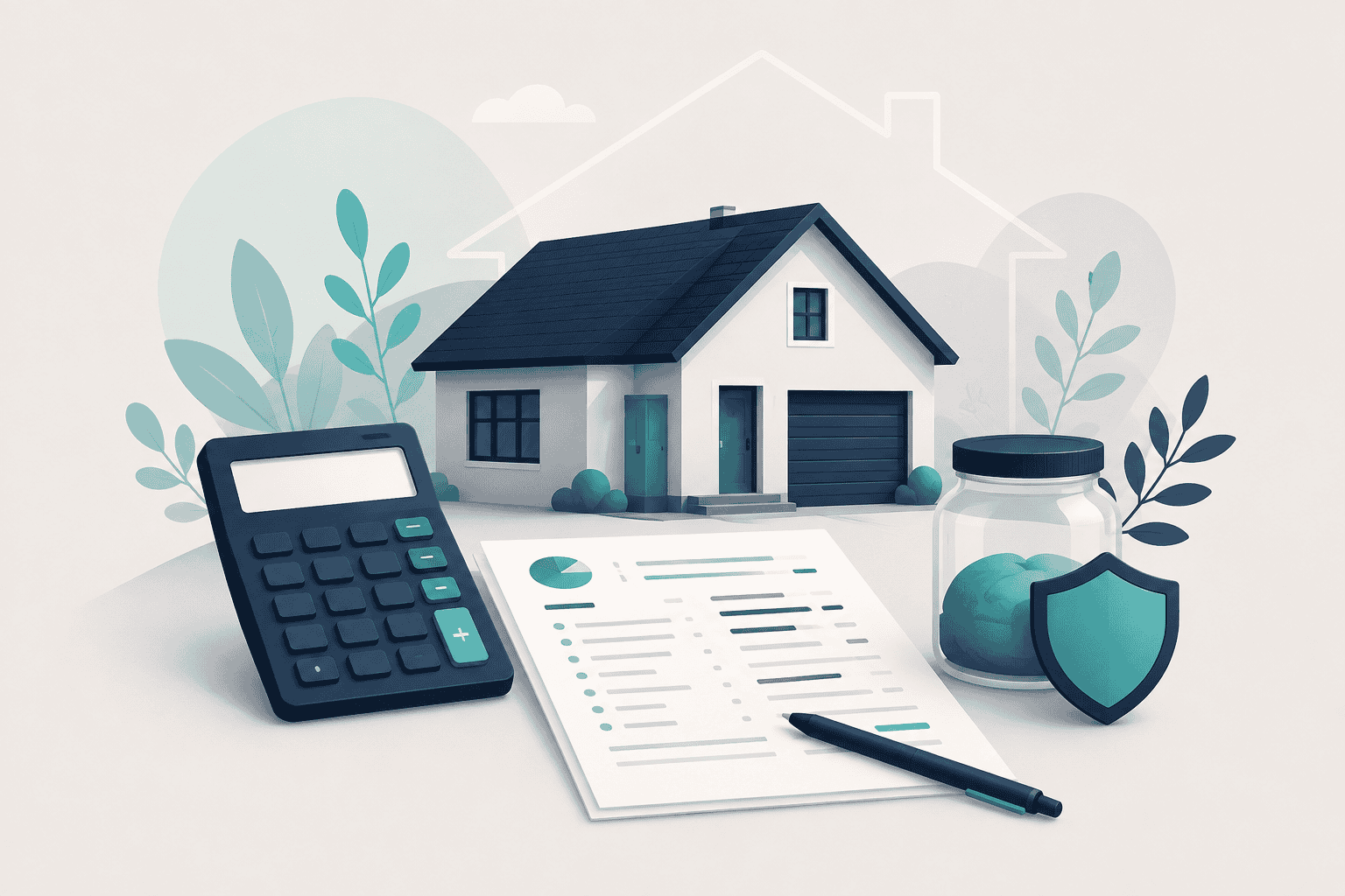 House, calculator and budget worksheet illustrating home affordability planning